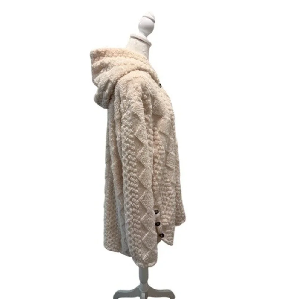 Womens XL Sherpa Fleece Hooded Jacket Cable Knit Textured Cream Cozy Cardigan